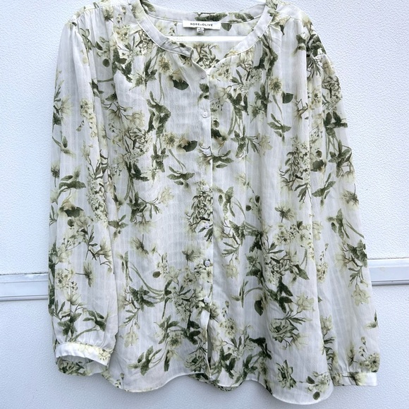 Rose + Olive Blouse Top Women L Floral Button Up Gauzy Lightweight Coastal - Picture 2 of 10